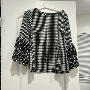 J. Crew Black and White Gingham Lace Sleeve Blouse